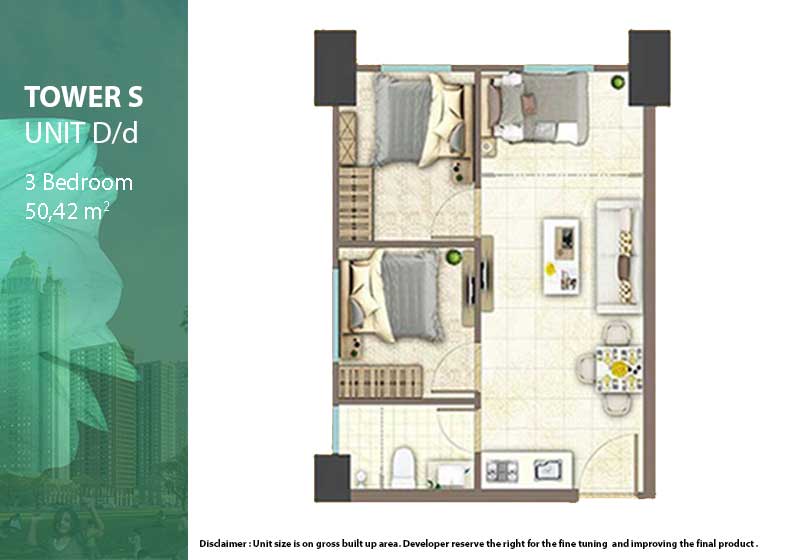 tipe 2 dan 3 kamar tidur tower S