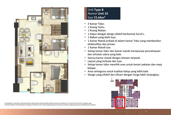 unit b tower D 3 bedroom luas 72,44
