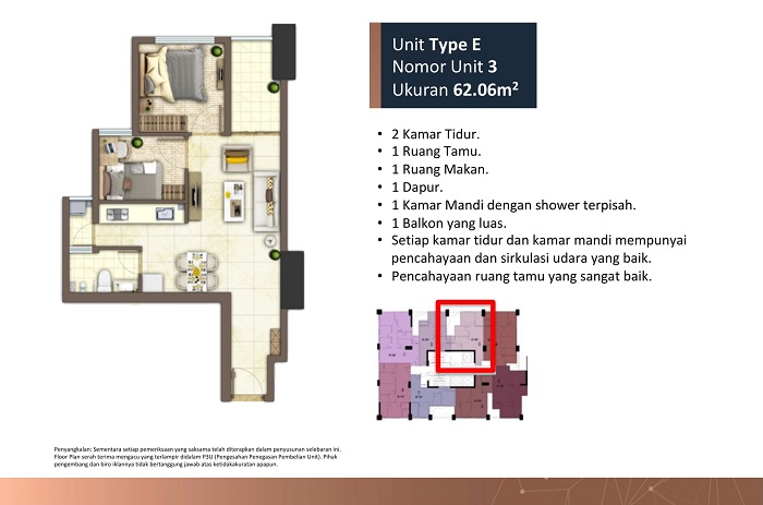 floorplan tower A unit E 2 kamar tidur
