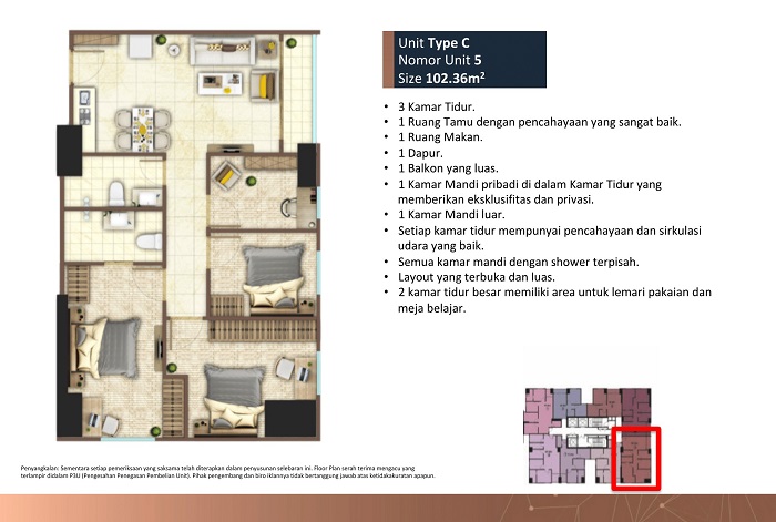 unit c tower C 3 kamar tidur